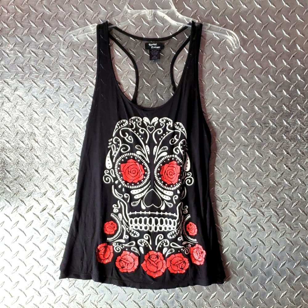 Sugar Skull Tank Top Sheer Back sz S Sparkly